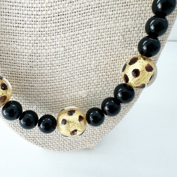 NWT Genuine Gold Leaf Murano Glass & Black Onyx Necklace Beaded Black - Picture 3 of 6